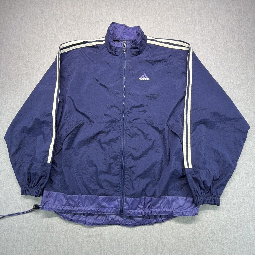 Vintage Adidas Wind Breaker Jacket Large Navy Blue White Stripes 90s